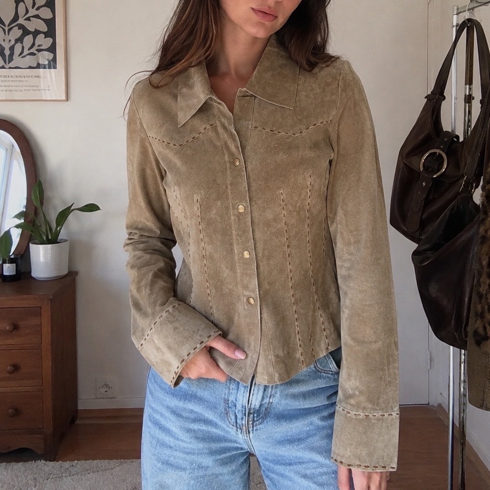 Vtg Suede Leather Whipstitch pearl snap embroidered Western Jacket M Wet Seal